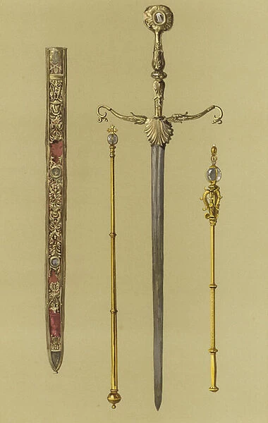 The Regalia of Scotland, The Sceptre, The Sword of State and Scabbard, and Lord High Treasurers Mace (chromolitho)