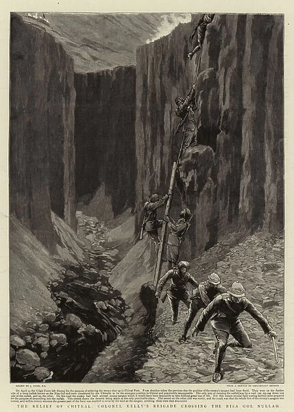 The Relief of Chitral, Colonel Kellys Brigade crossing the Nisa Gol Nullah (engraving)