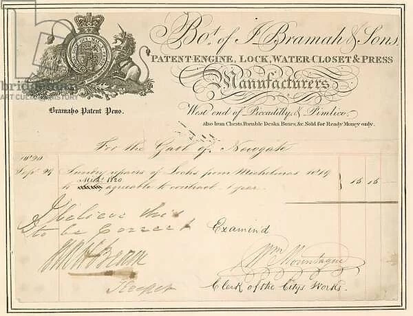 Bill for repairs to locks at Newgate prison. Signed by the Keeper (engraving)