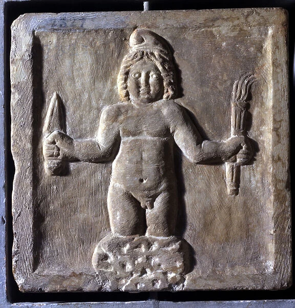 Representation of Mitra (or Mithra), an Iranian deity, born from a rock. Low relief