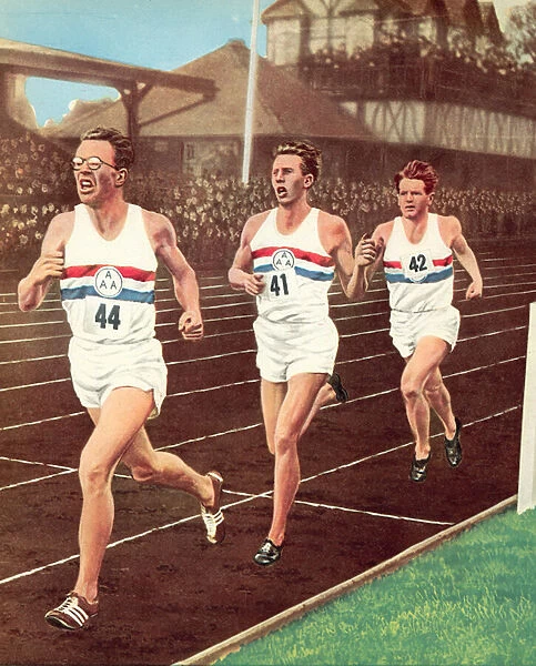 Roger Bannister with his pacemakers, Brasher (leading) and Chataway (behind) at the half-way stage of the historic first four-minute mile, run at Oxford on 7 May 1954 (photo)