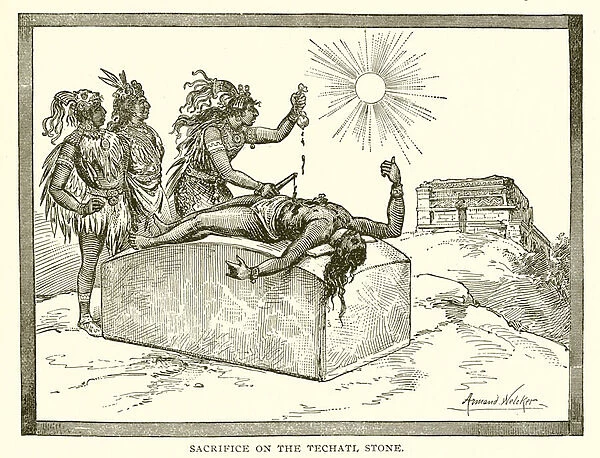 Sacrifice on the techatl stone (engraving)