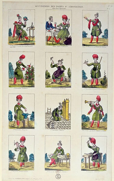 Saint-Simonian Women and their occupations, c. 1830 (colour litho)