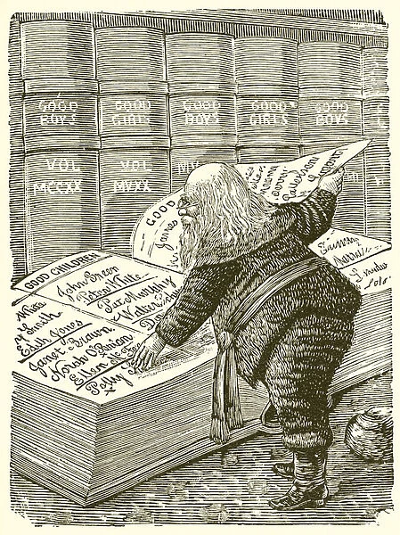 Santa Claus looking in his diary for the names of children who have been good since last Christmas (engraving)