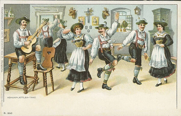 The Schuhplattler Dance (colour litho)