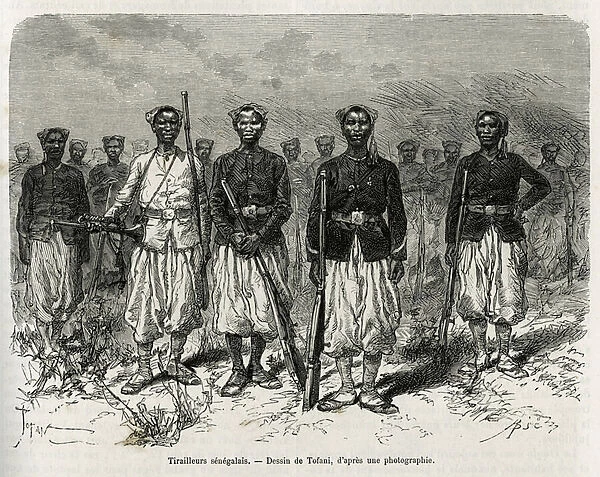 Senegalese riders of the expedition escort. Engraving by Tofani