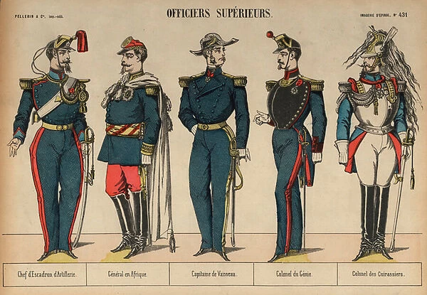 Senior French military officers (coloured engraving)