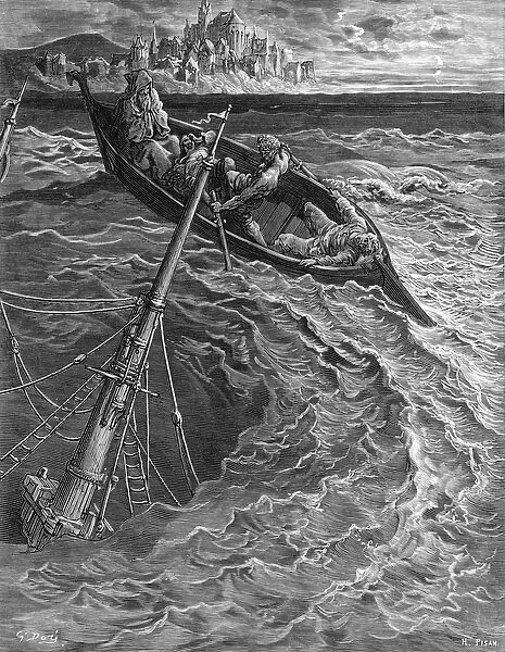 The ship sinks but the Mariner is rescued by the Pilot and Hermit, scene from The
