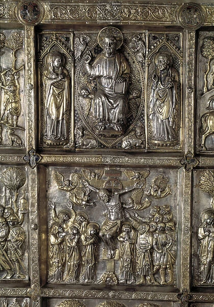Silver Altar of Saint James the Major. Detail of the antependium with stories of new testament, The benissant christ and the crucifixion, 1287-1456