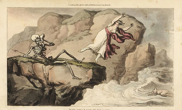 The skeleton of Death holds a handkerchief to his eye socket as a woman commits suicide off a cliff to join her drowned lover. Handcoloured copperplate drawn and engraved by Thomas Rowlandson from The English Dance of Death, Ackermann, London, 1816