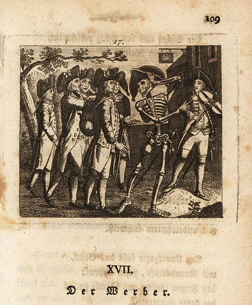 The skeleton of Death press-gangs a man, 18th century. 1803 (engraving)