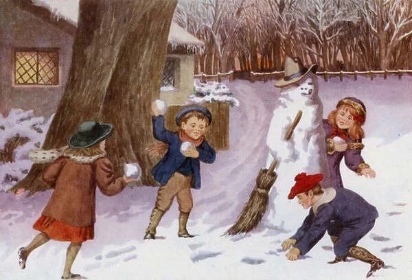 Snow man and snowballs (colour litho)