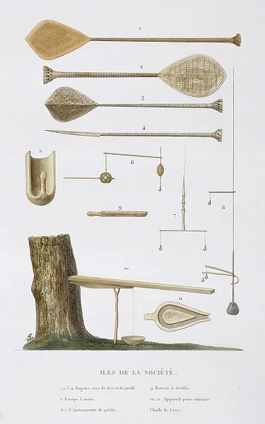 Society Islands: pangas, fishing hooks and other tools, from Voyage autour du Monde
