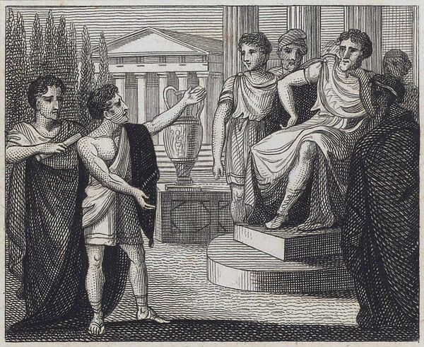 Sophocles and Aeschylus reciting their poems to Cimon (engraving)