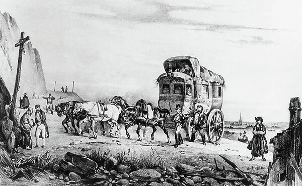 Stagecoach climbing a hill, France (engraving)