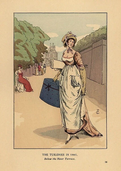 strolling in the Tuileries, below the river terrace, 1802. She wears a bonnet with ribbons, dress and apron, and carries a hat box and bolts of fabric. Handcoloured lithograph by R. V