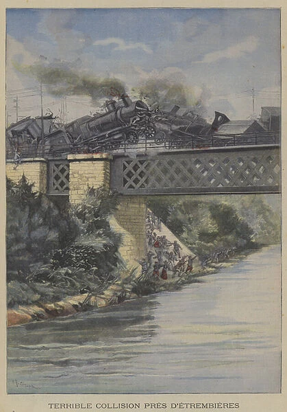 Terrible collision between two trains on a bridge over the River Arve near Etrembieres, France (colour litho)