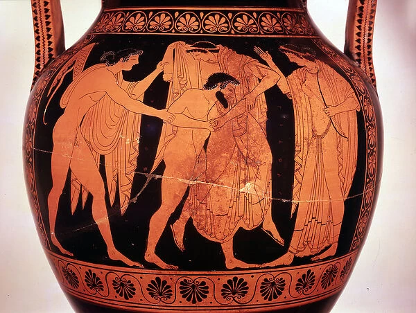 Tityos and Leto between Artemis and Apollo (red-figure pottery, 515-510 BC)