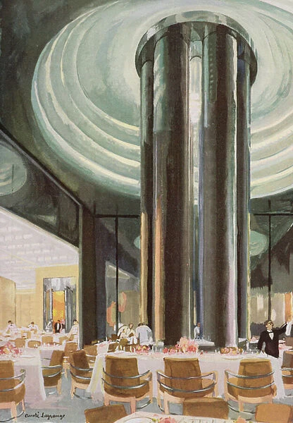The Touriste class dining room aboard the Normandie (colour litho)