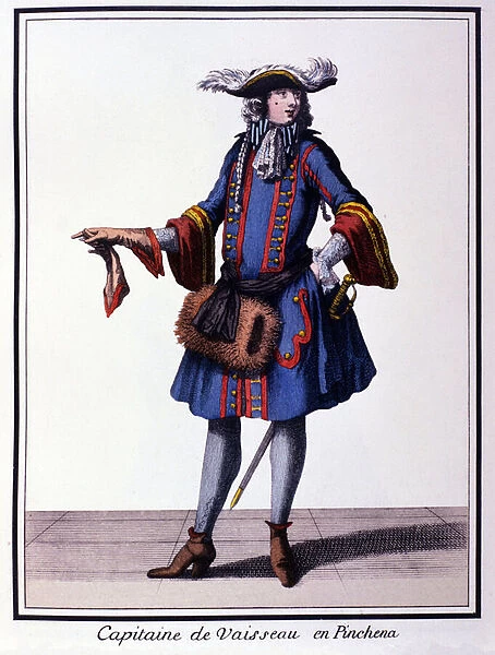 Uniform of Captain of Ship, France. Engraving of the 17th century