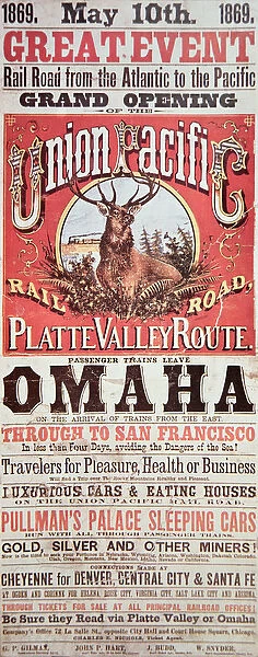 Union Pacific Railroad poster advertising the first transcontinental railroad across