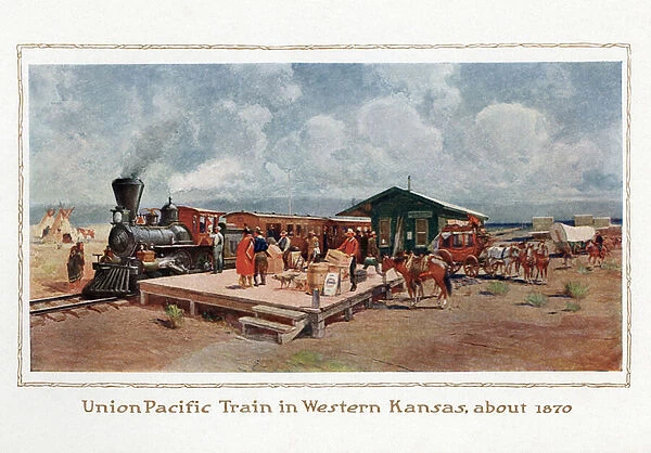 Union Pacific Train at a Kansas Depot in 1870, 1914 (screen print)