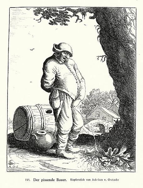 Urinating farmer (copper engraving)