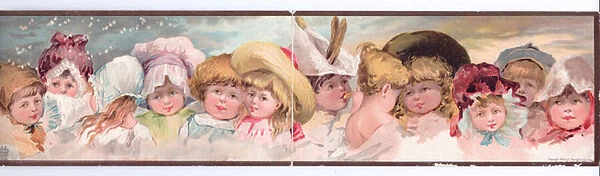 A Victorian Christmas card of twelve children wearing different hats, c