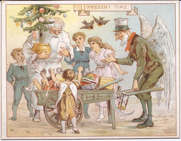 A Victorian Christmas card of Father Christmas and Father Time giving presents to