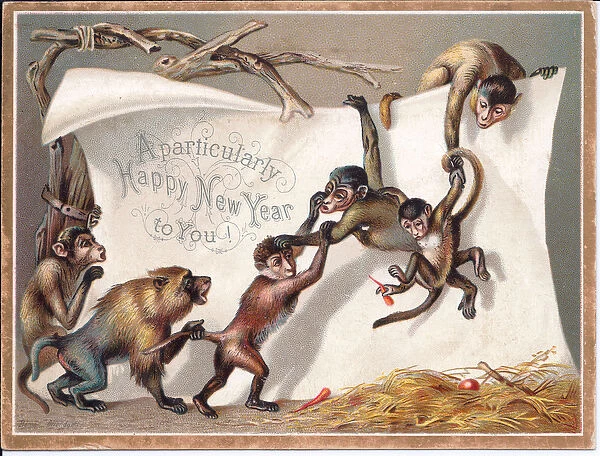 A Victorian New Years card of monkeys playing in front of a wooden lattice, c