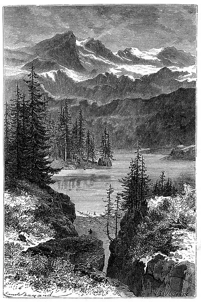 View of the Alps: forest, lake, peaks. Illustration by Emile Bayard for the book Les