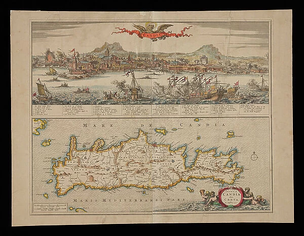 View of Candia and Map of Crete, 1668 (etching and engraving with hand-colouring on laid paper)