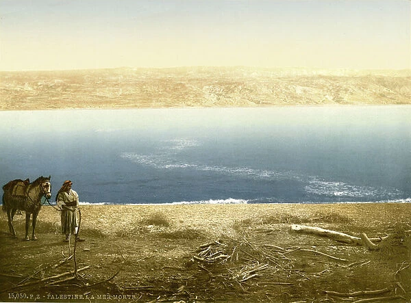 View of the Dead Sea looking East towards Moab, c. 1880-1900 (photochrom)