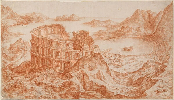 View of the Roman amphitheatre at Pozzuoli with the Bay of Naples beyond (red chalk on paper)