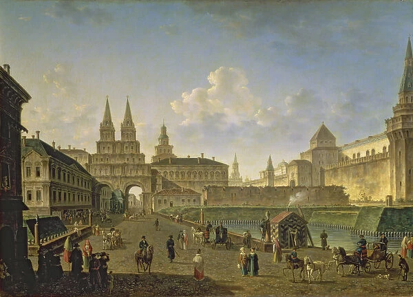 View of the Voskresensky and Nikolsky Gates and the Neglinny Bridge from Tverskay Street in Moscow