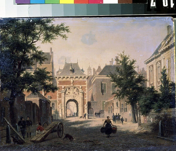 'Vue d une ville hollandaise'Scene de rue, une femme de maison revient du marche, les paniers charges. Peinture de Bartholomeus Johannes van Hove (1790-1880) 19eme siecle Mikhail Kroshitsky Art Museum