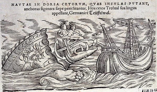 A whale confused with an island. Two people light a fire on the back of a marine monster