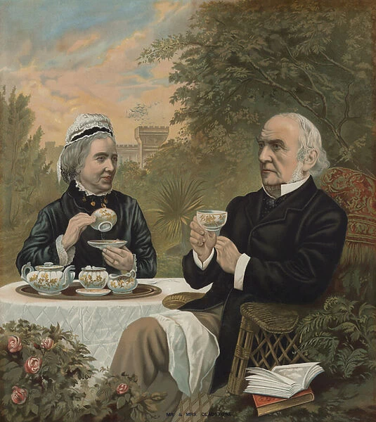 William Ewart Gladstone, British Liberal politician and Prime Minister, taking tea with his wife Harriet, 1891 (colour litho)