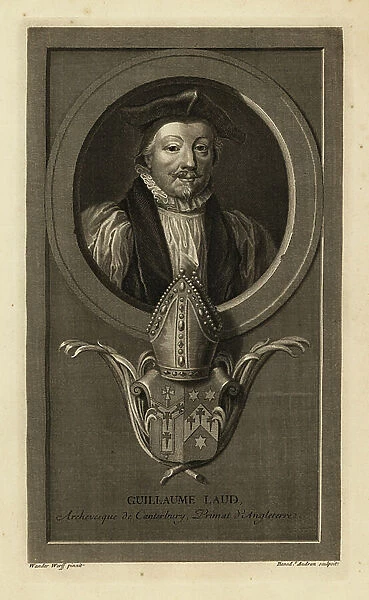 William Laud, Archbishop of Canterbury, Primate of England. With mitre and coat of arms. Copperplate engraving by Benedict Audran after Adriaen van der Werff from Isaac de Larrey's Histoire d'Angleterre, d'Ecosse et d'Irlande