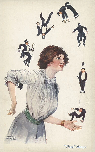 Woman juggling men (colour litho)