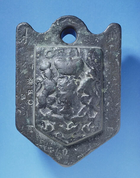 Wool-weight (14 pounds) cast with the Stuart arms and stamped C. B, 17th century (lead)