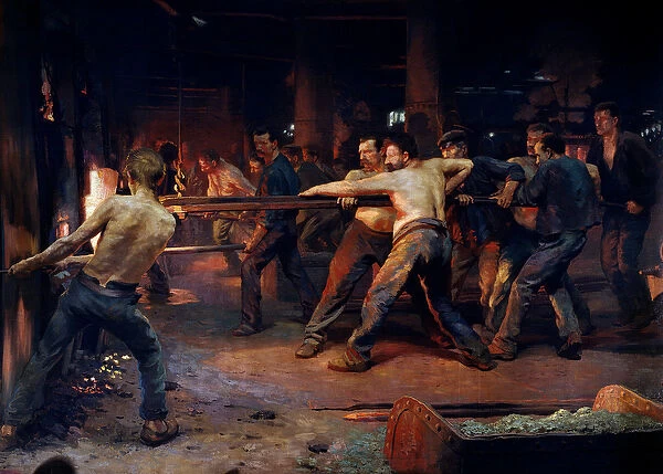 Workmen smelters working in a metallurgical plant. Painting by Jean Rixens (1846-1924