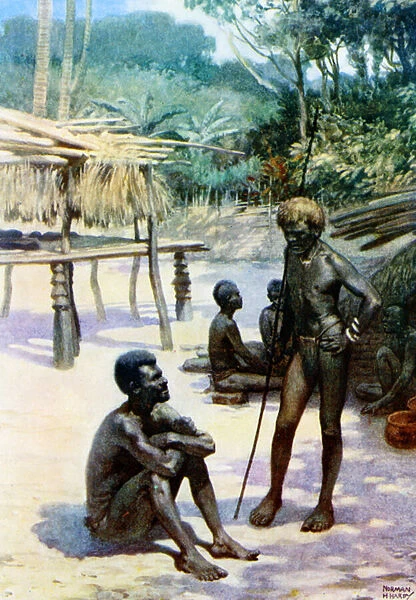 A Yam shed and natives, Espiritu Santo, New Hebrides, 1908 (colour litho)