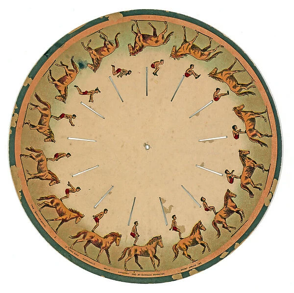 zoopraxiscope disc showing an acrobat performing a horse back somersault, 1893 (litho)