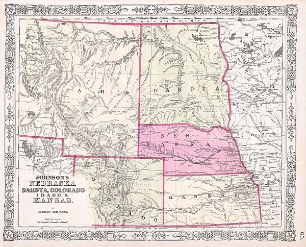 1863, Johnsons Map of Colorado, Dakota, Idaho, Nebraska and Kansas, topography