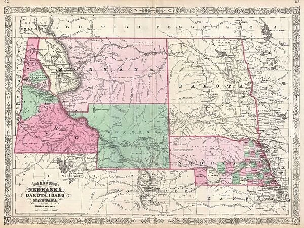 1866, Johnson Map of Montana, Wyoming, Idaho, Nebraska and Dakota, topography, cartography