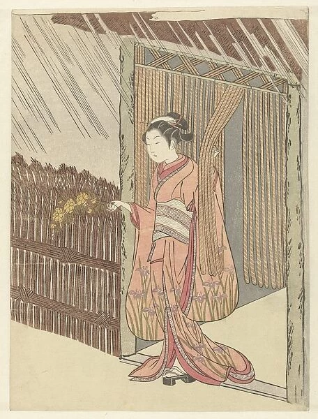 Girl yamabuki branch hands pink kimono iris pattern