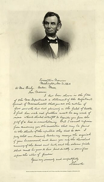 [Letter from Abraham Lincoln to Mrs. Bixby, with bust-length portrait of Lincoln]  /  engd