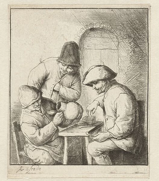 Man looks into empty jug, two men watch, Adriaen van Ostade, 1651 - 1655