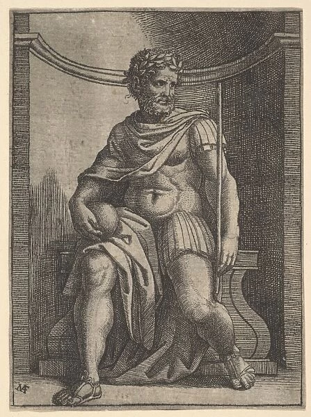 Roman emperor sitting niche holding globe sceptre